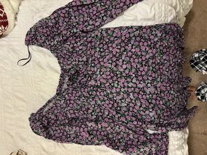 Purple floral dress| Elastic collar| Draw string bodice